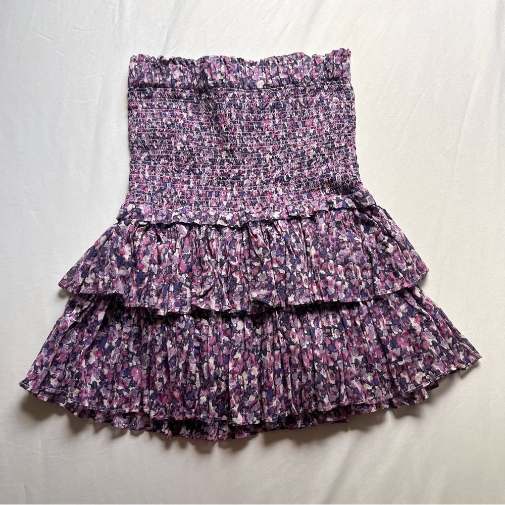 ISABEL MARANT ETOILE purple ditsy floral smocked ruffle tiered tiered mini skirt